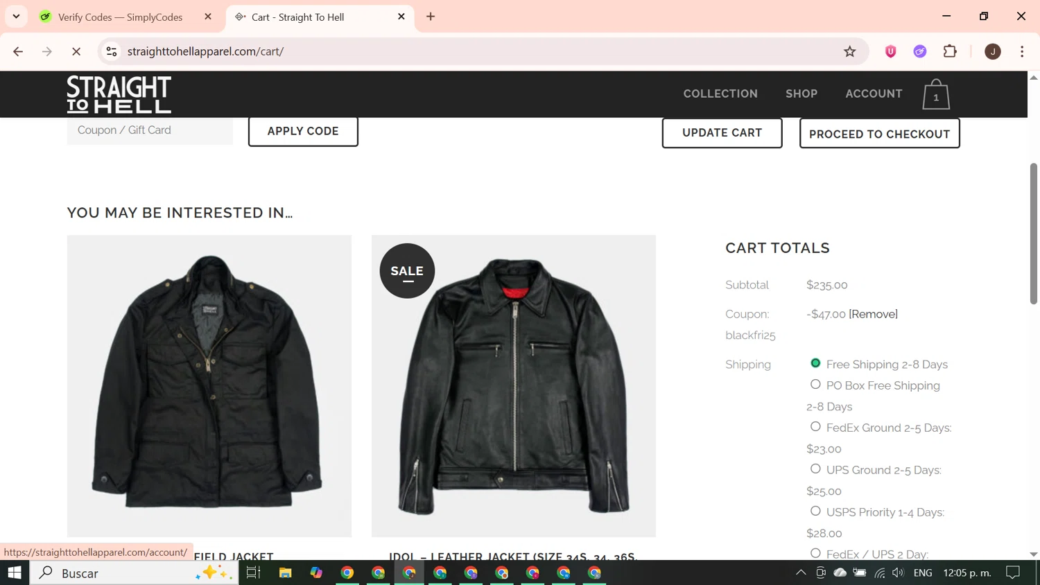 Straight To Hell coupon code screenshot showing code blackfri25 applied at Straight To Hell checkout page. Uploaded by SimplyCodes community member PrimeGenius2371 on Nov 20, 2025