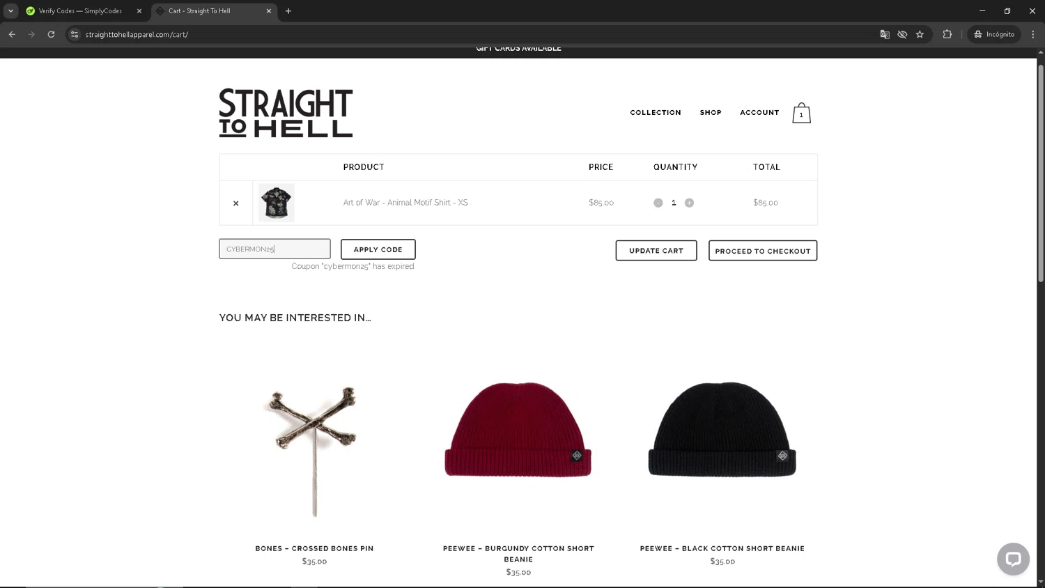 Straight To Hell coupon code screenshot showing code CYBERMON25 applied at Straight To Hell checkout page. Uploaded by SimplyCodes community member SUZUKIV on Dec 3, 2025