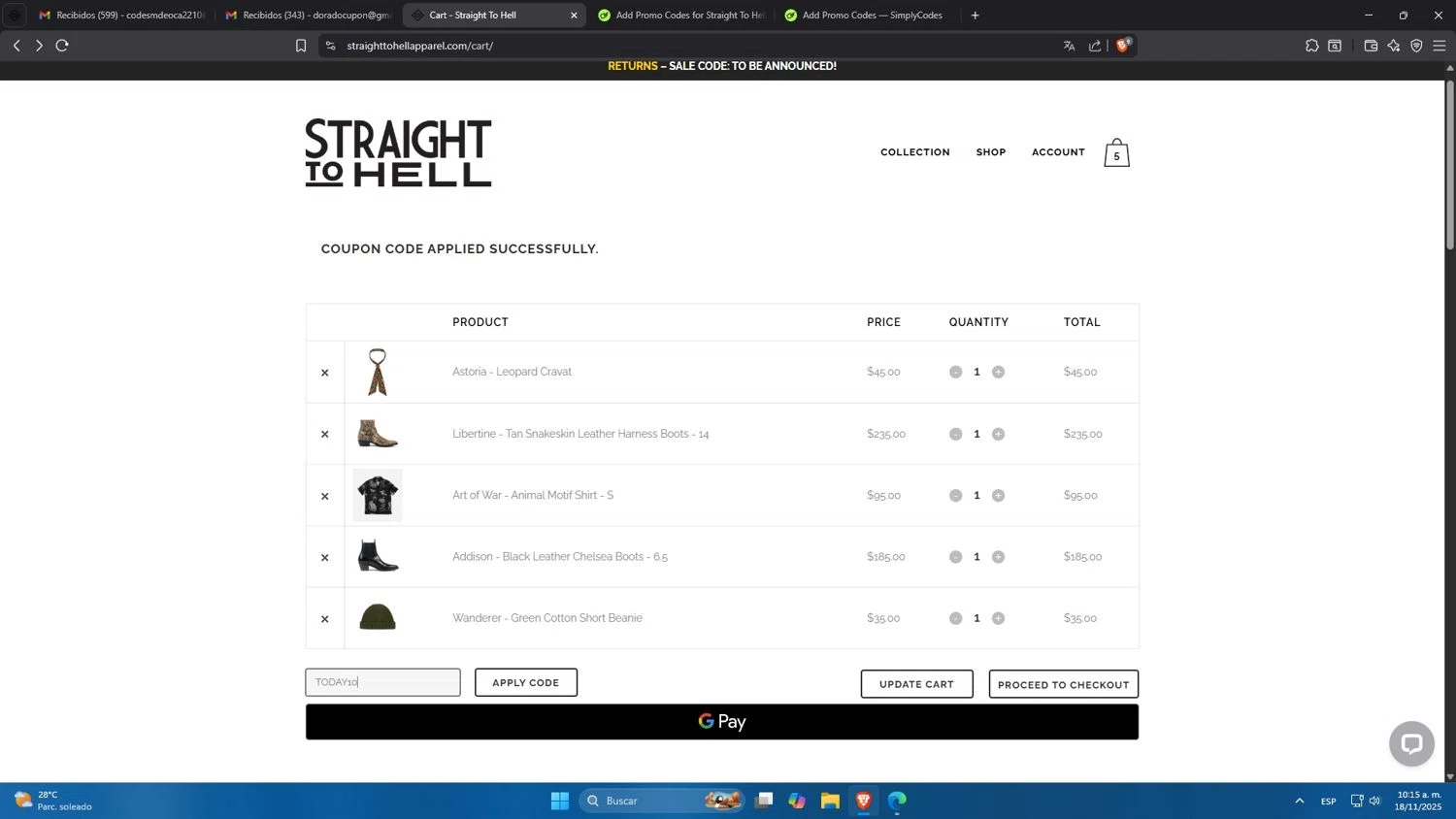 Straight To Hell coupon code screenshot showing code TODAY10 applied at Straight To Hell checkout page. Uploaded by SimplyCodes community member Mdeoca on Nov 18, 2025