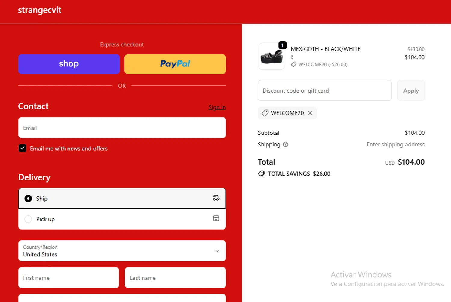Strangecvlt promo code screenshot showing code WELCOME20 applied at Strangecvlt checkout page. Uploaded by SimplyCodes community member danyx_gx on Dec 7, 2025
