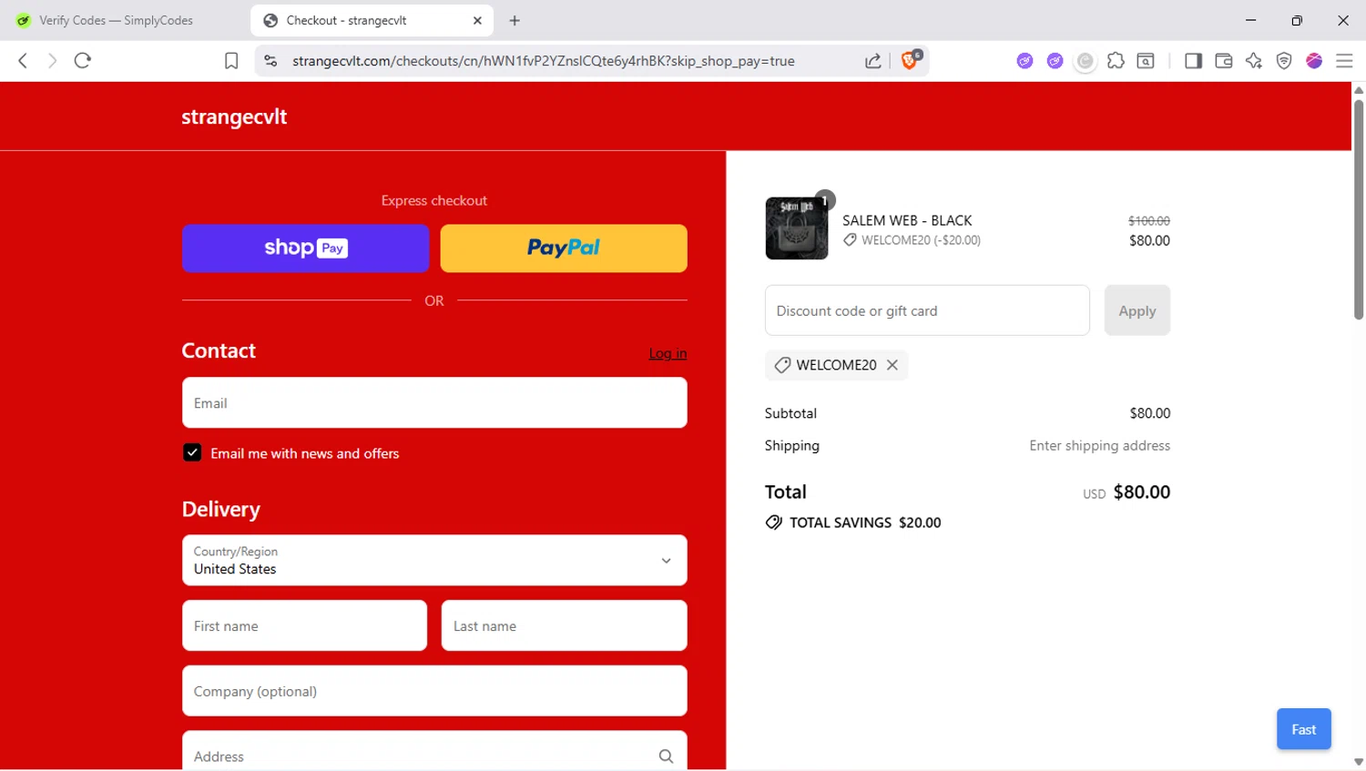 Strangecvlt promo code screenshot showing code WELCOME20 applied at Strangecvlt checkout page. Uploaded by SimplyCodes community member SapeGato on Aug 11, 2025
