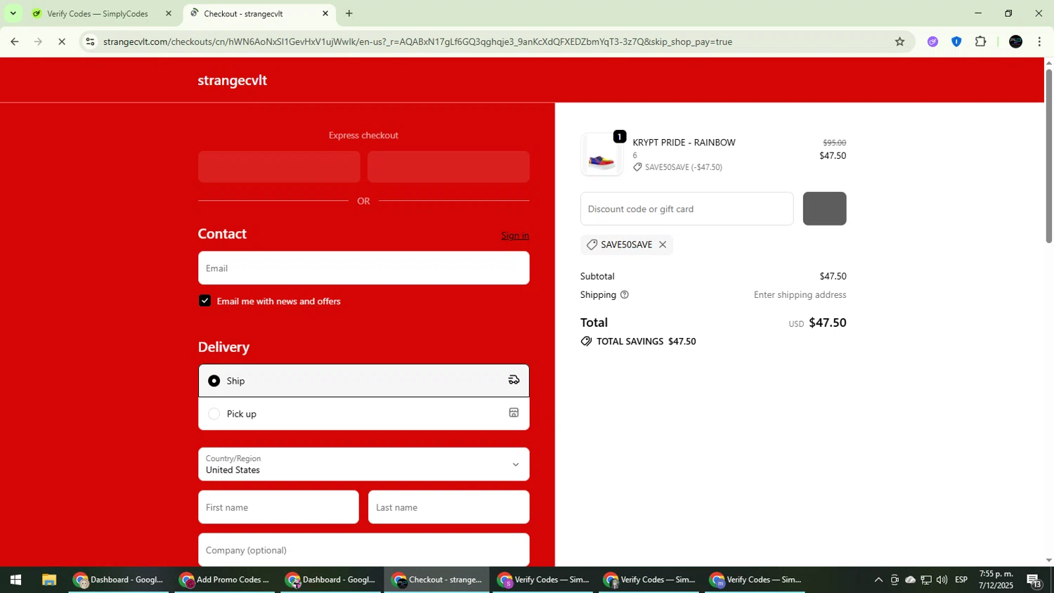 Strangecvlt promo code screenshot showing code save50save applied at Strangecvlt checkout page. Uploaded by SimplyCodes community member CarmenVGR on Dec 7, 2025