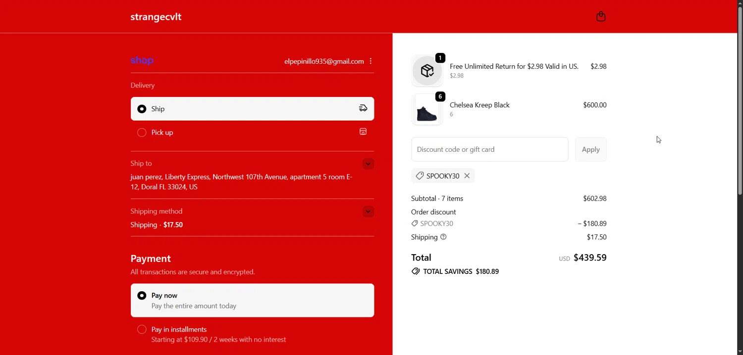 Strangecvlt promo code screenshot showing code SPOOKY30 applied at Strangecvlt checkout page. Uploaded by SimplyCodes community member Enmanuel99 on Jan 5, 2026