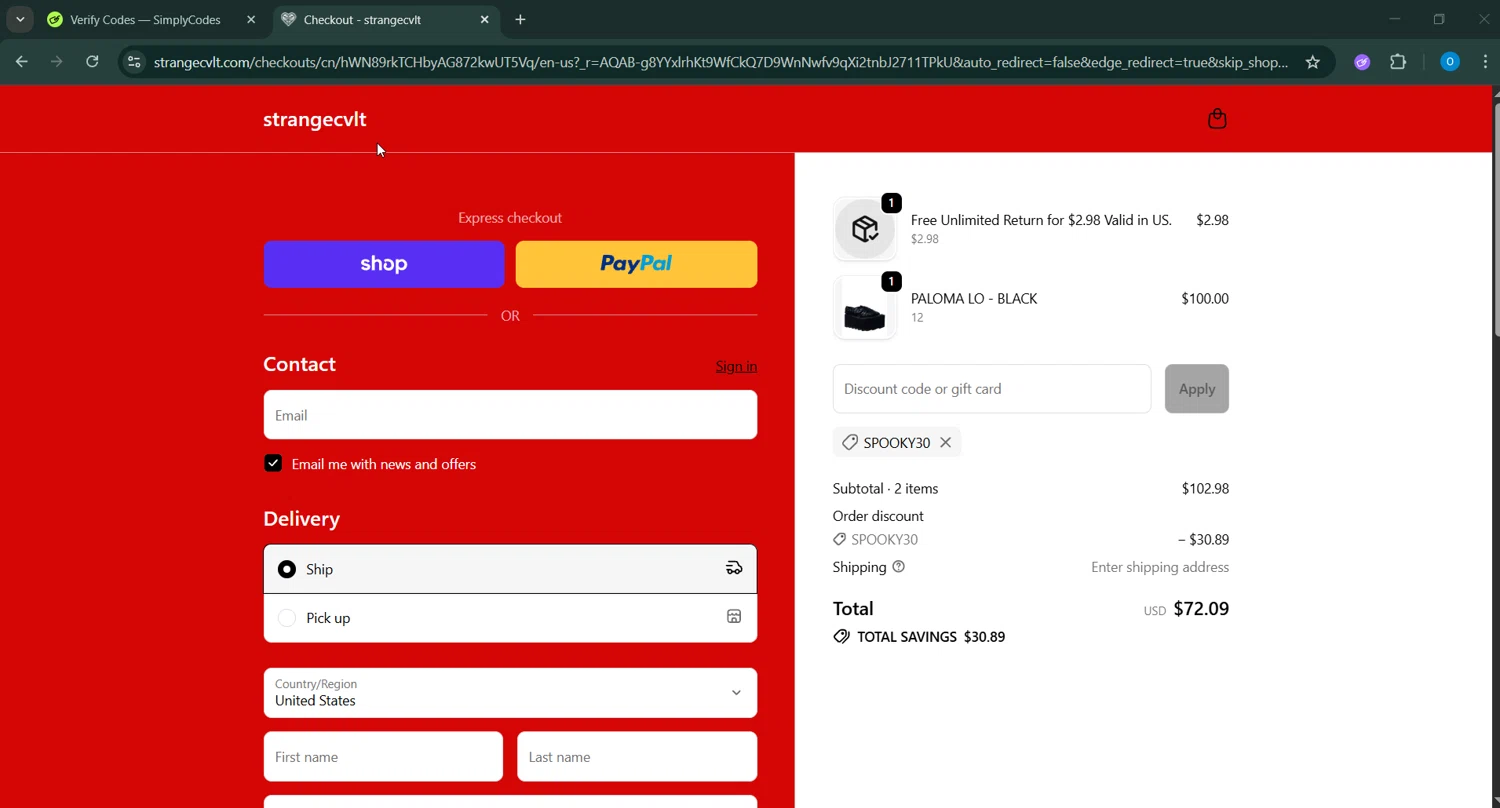 Strangecvlt promo code screenshot showing code SPOOKY30 applied at Strangecvlt checkout page. Uploaded by SimplyCodes community member RoyalSage9159 on Jan 29, 2026