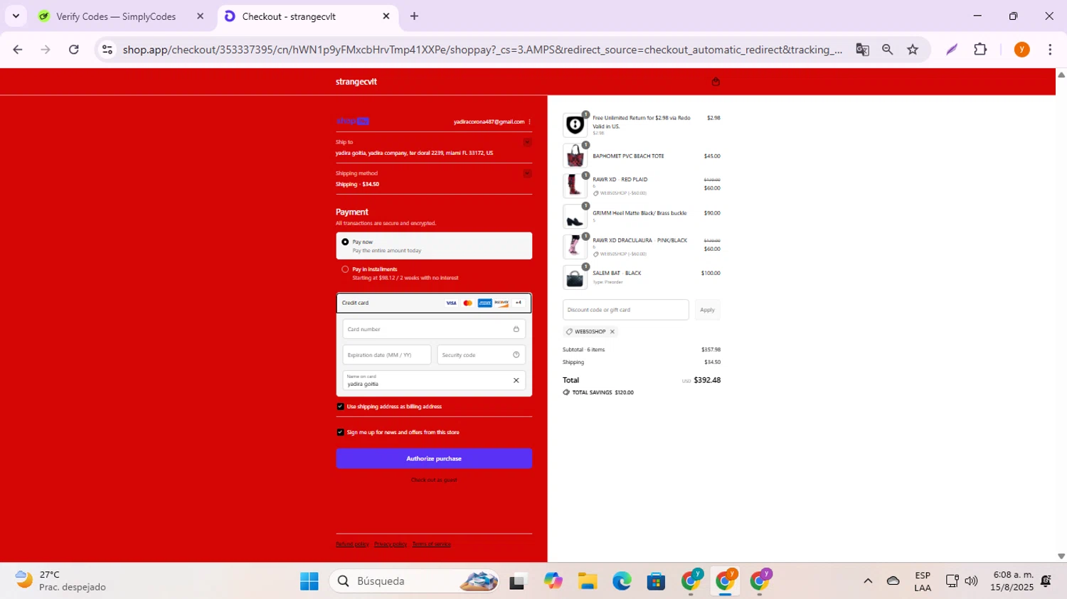 Strangecvlt promo code screenshot showing code Web50shop applied at Strangecvlt checkout page. Uploaded by SimplyCodes community member ycg487 on Aug 15, 2025