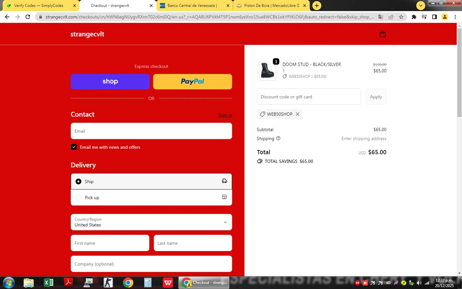 Strangecvlt promo code screenshot showing code Web50shop applied at Strangecvlt checkout page. Uploaded by SimplyCodes community member QuestSage1300 on Dec 20, 2025