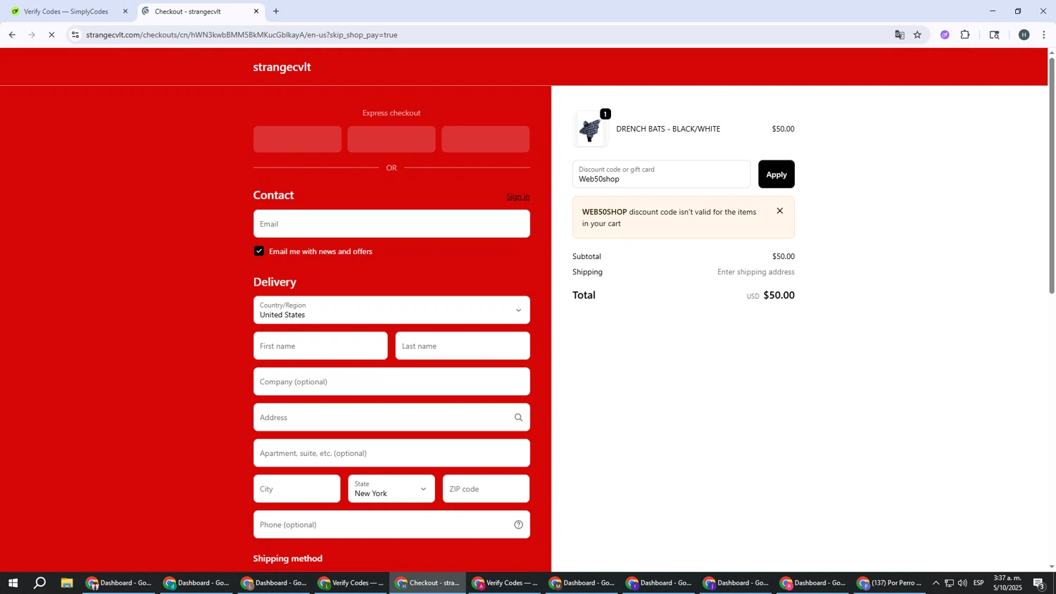Strangecvlt promo code screenshot showing code Web50shop applied at Strangecvlt checkout page. Uploaded by SimplyCodes community member YAMAHA on Oct 5, 2025