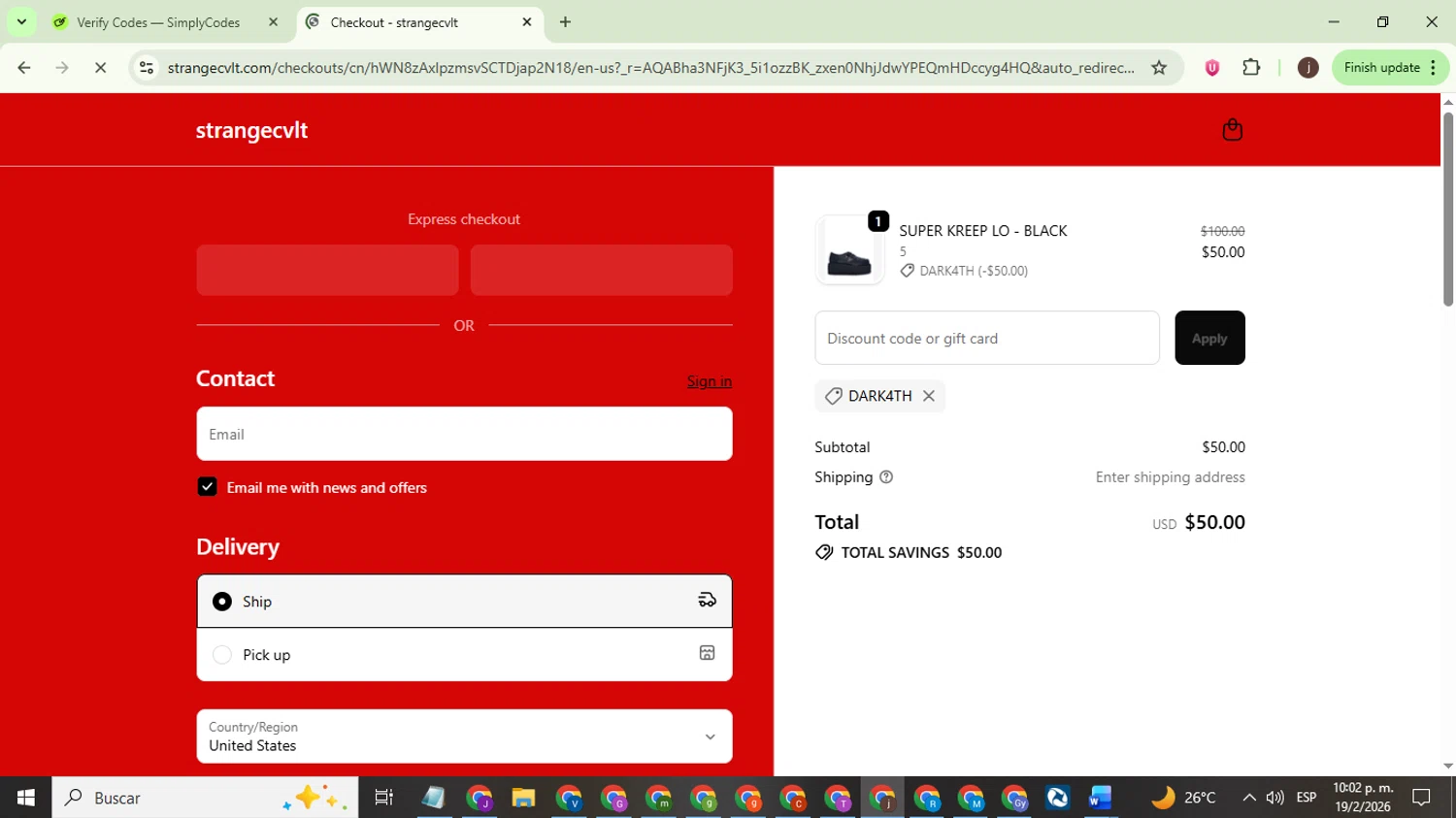 Strangecvlt checkout page showing Strangecvlt promo code box | Screenshot taken by SimplyCodes community member on Feb 20, 2026