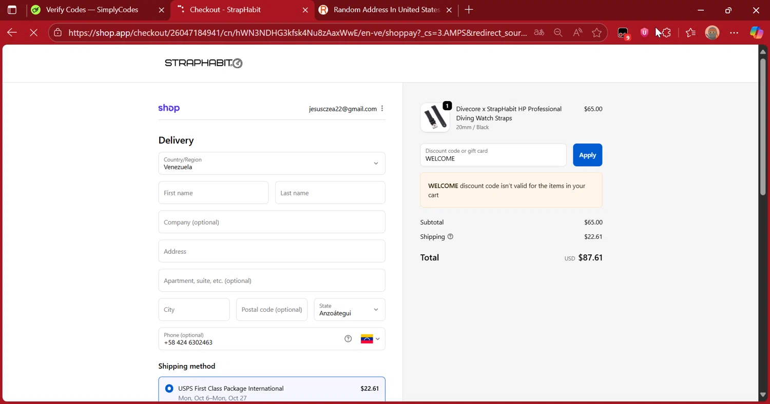 StrapHabit discount code screenshot showing code WELCOME applied at StrapHabit checkout page. Uploaded by SimplyCodes community member DiscountScout1417 on Sep 25, 2025