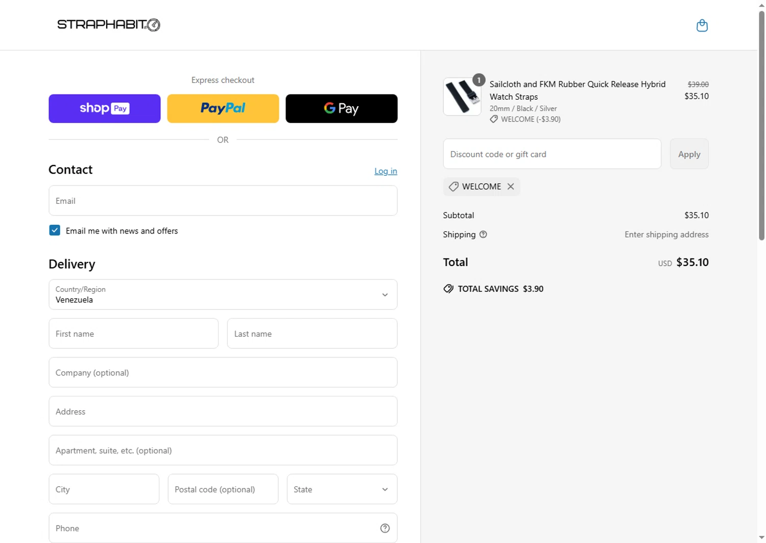 StrapHabit discount code screenshot showing code WELCOME applied at StrapHabit checkout page. Uploaded by SimplyCodes community member Sadalsuud on Mar 27, 2025