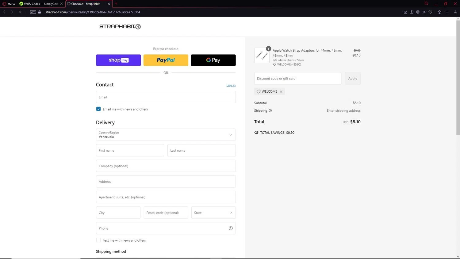 StrapHabit discount code screenshot showing code WELCOME applied at StrapHabit checkout page. Uploaded by SimplyCodes community member CleverAdmiral2537 on Feb 25, 2025
