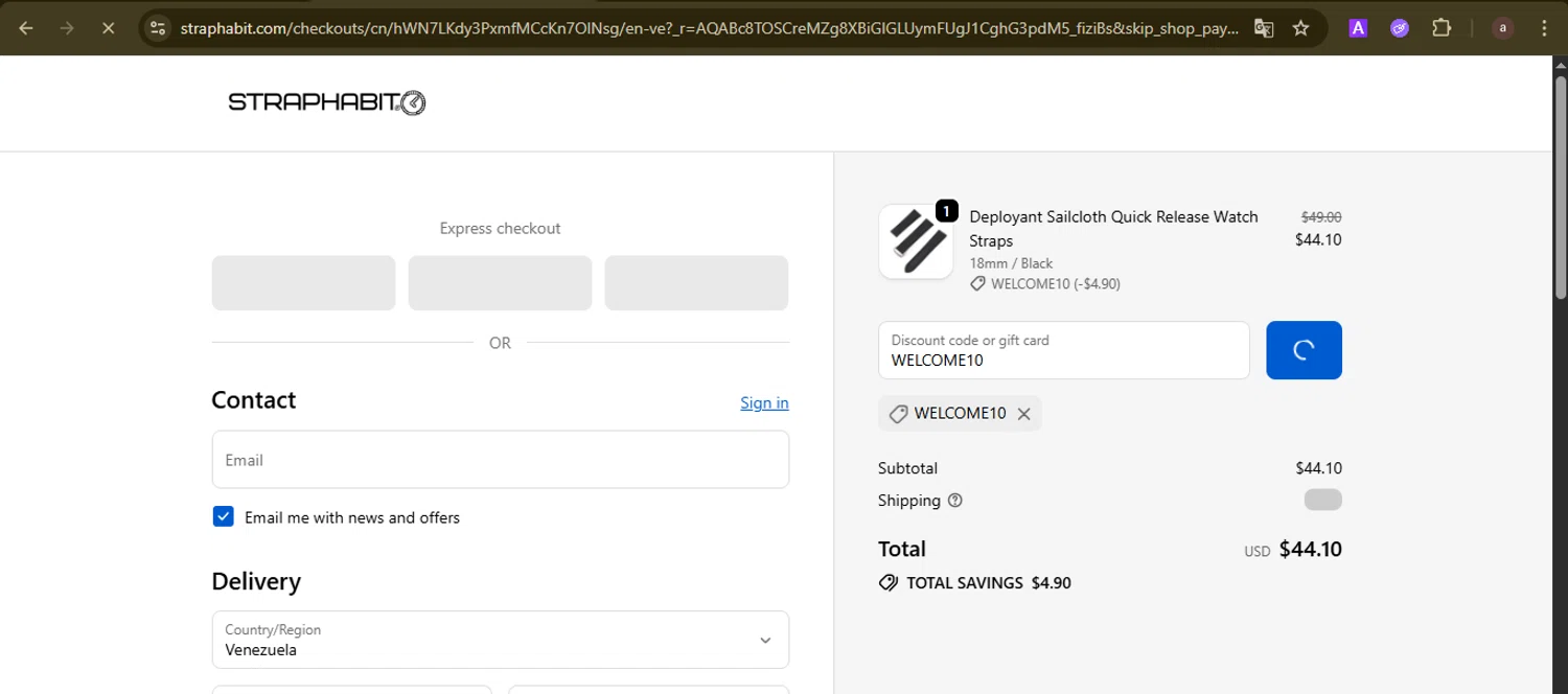 StrapHabit discount code screenshot showing code WELCOME10 applied at StrapHabit checkout page. Uploaded by SimplyCodes community member GoldCurator1773 on Jan 7, 2026