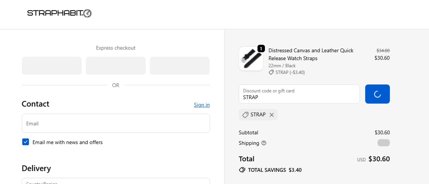 StrapHabit discount code screenshot showing code STRAP applied at StrapHabit checkout page. Uploaded by SimplyCodes community member RewardCurator5232 on Dec 5, 2025