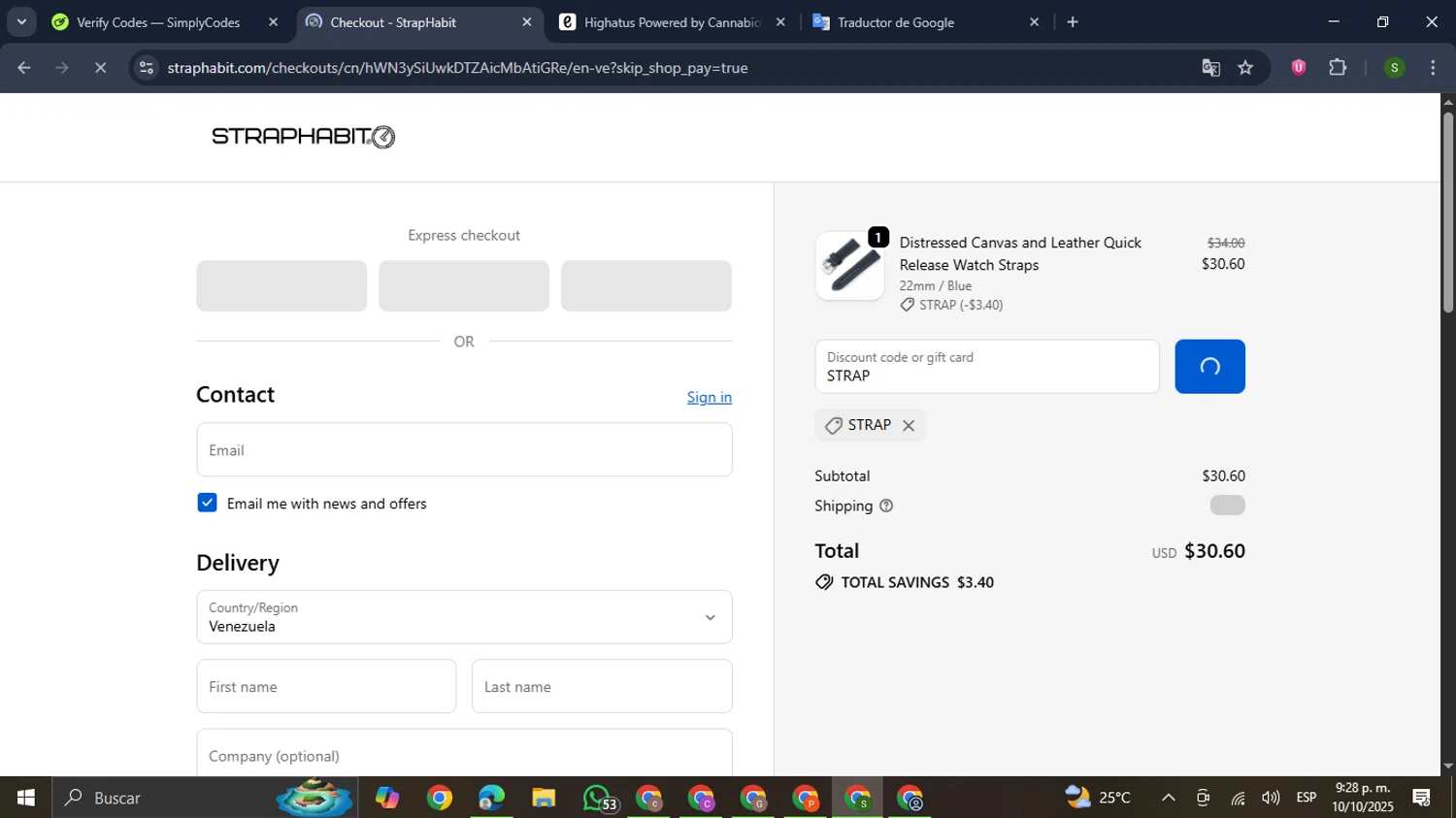 StrapHabit discount code screenshot showing code STRAP applied at StrapHabit checkout page. Uploaded by SimplyCodes community member RewardMaverick445 on Oct 11, 2025