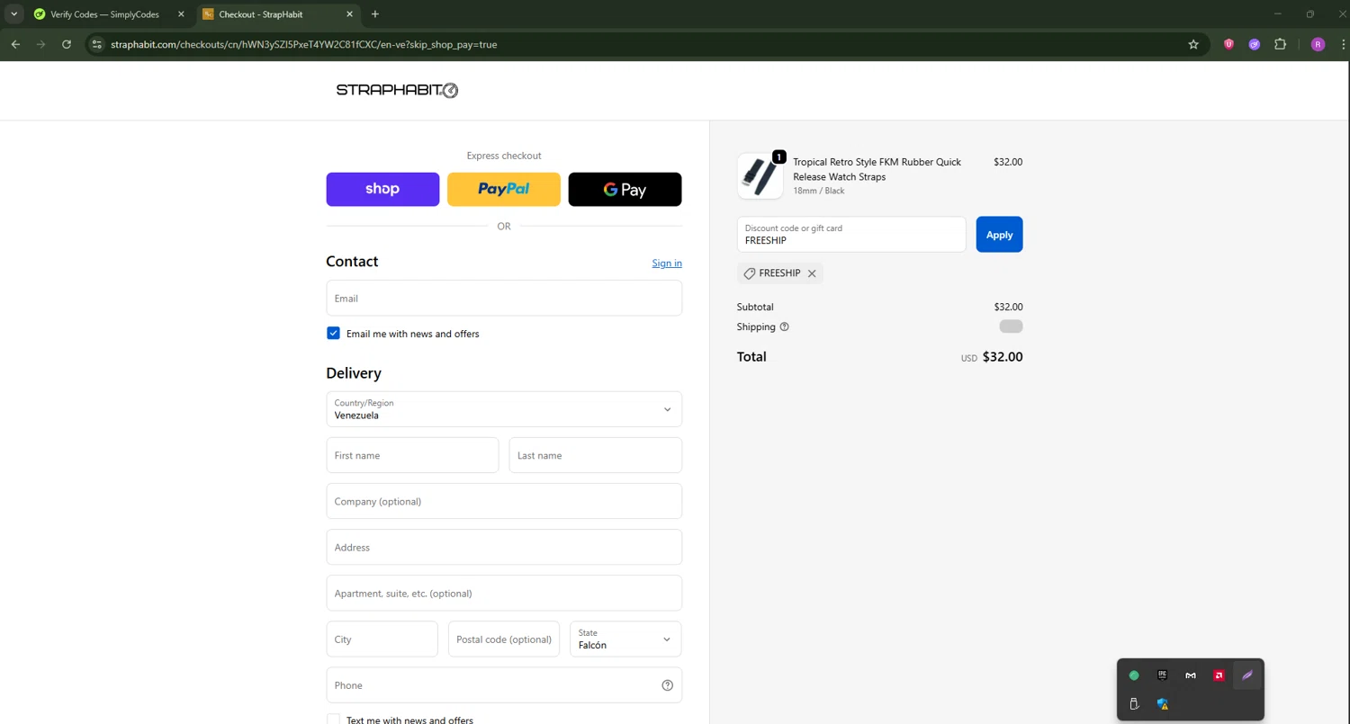 StrapHabit discount code screenshot showing code FREESHIP applied at StrapHabit checkout page. Uploaded by SimplyCodes community member RoyalSentinel4577 on Oct 11, 2025