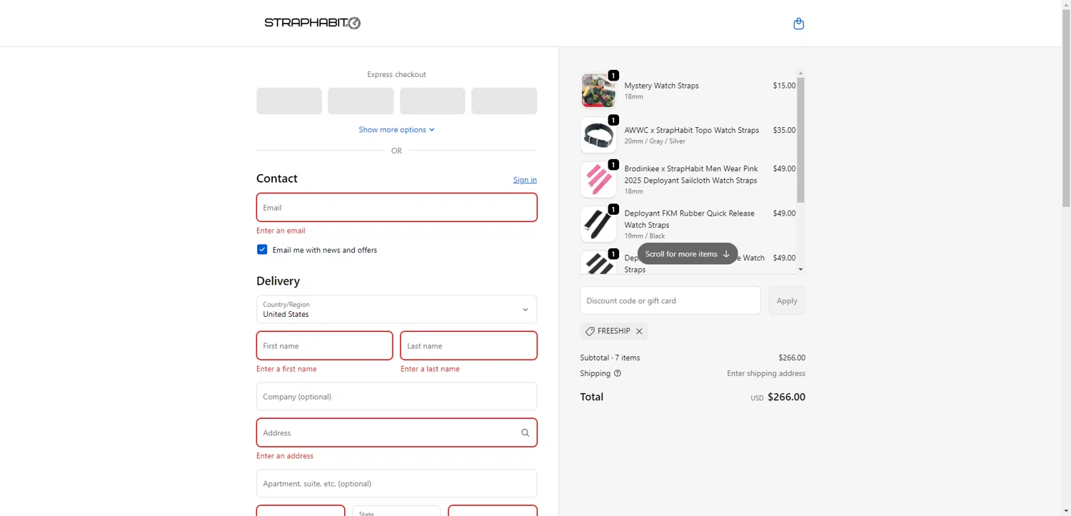 StrapHabit discount code screenshot showing code FREESHIP applied at StrapHabit checkout page. Uploaded by SimplyCodes community member TreasureKnight4134 on Oct 27, 2025
