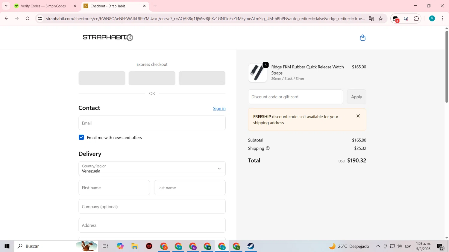 StrapHabit discount code screenshot showing code FREESHIP applied at StrapHabit checkout page. Uploaded by SimplyCodes community member lyffytaro on Feb 5, 2026