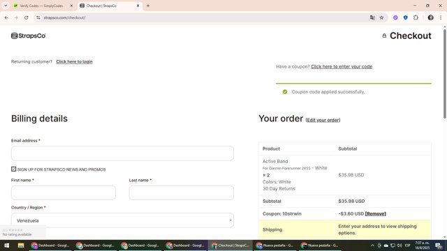 Strapsco checkout page showing Strapsco coupon code box | Screenshot taken by SimplyCodes community member on Aug 16, 2025