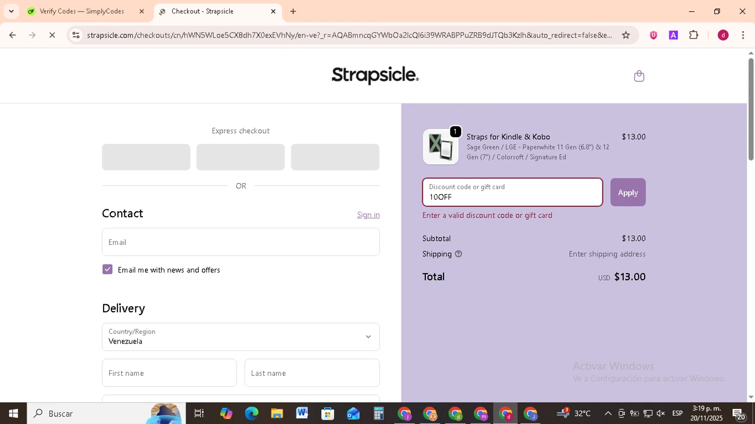Strapsicle discount code screenshot showing code 10OFF applied at Strapsicle checkout page. Uploaded by SimplyCodes community member FrugalMonarch7277 on Nov 20, 2025