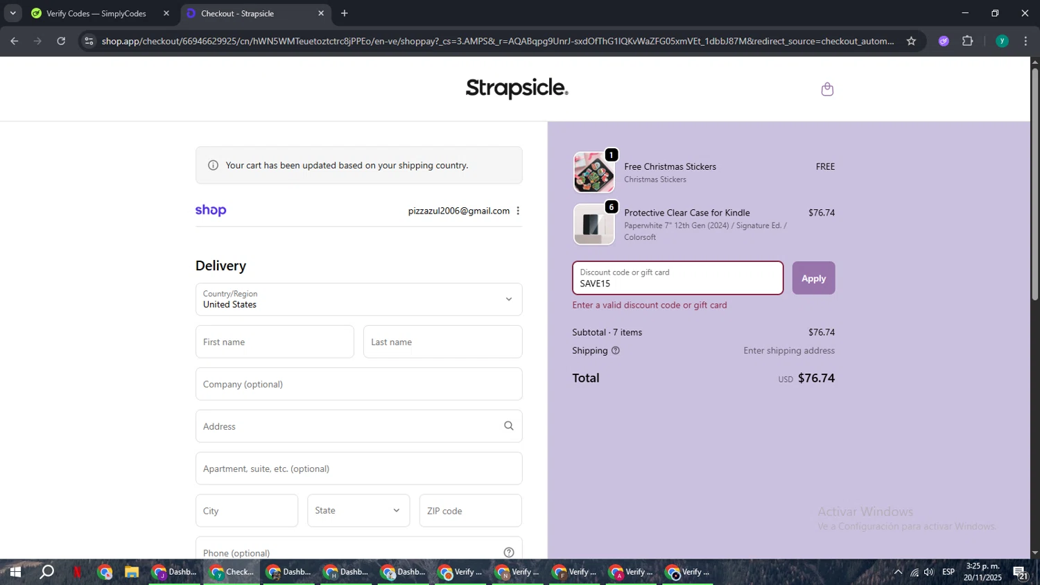 Strapsicle discount code screenshot showing code SAVE15 applied at Strapsicle checkout page. Uploaded by SimplyCodes community member FrugalCaptain6906 on Nov 20, 2025