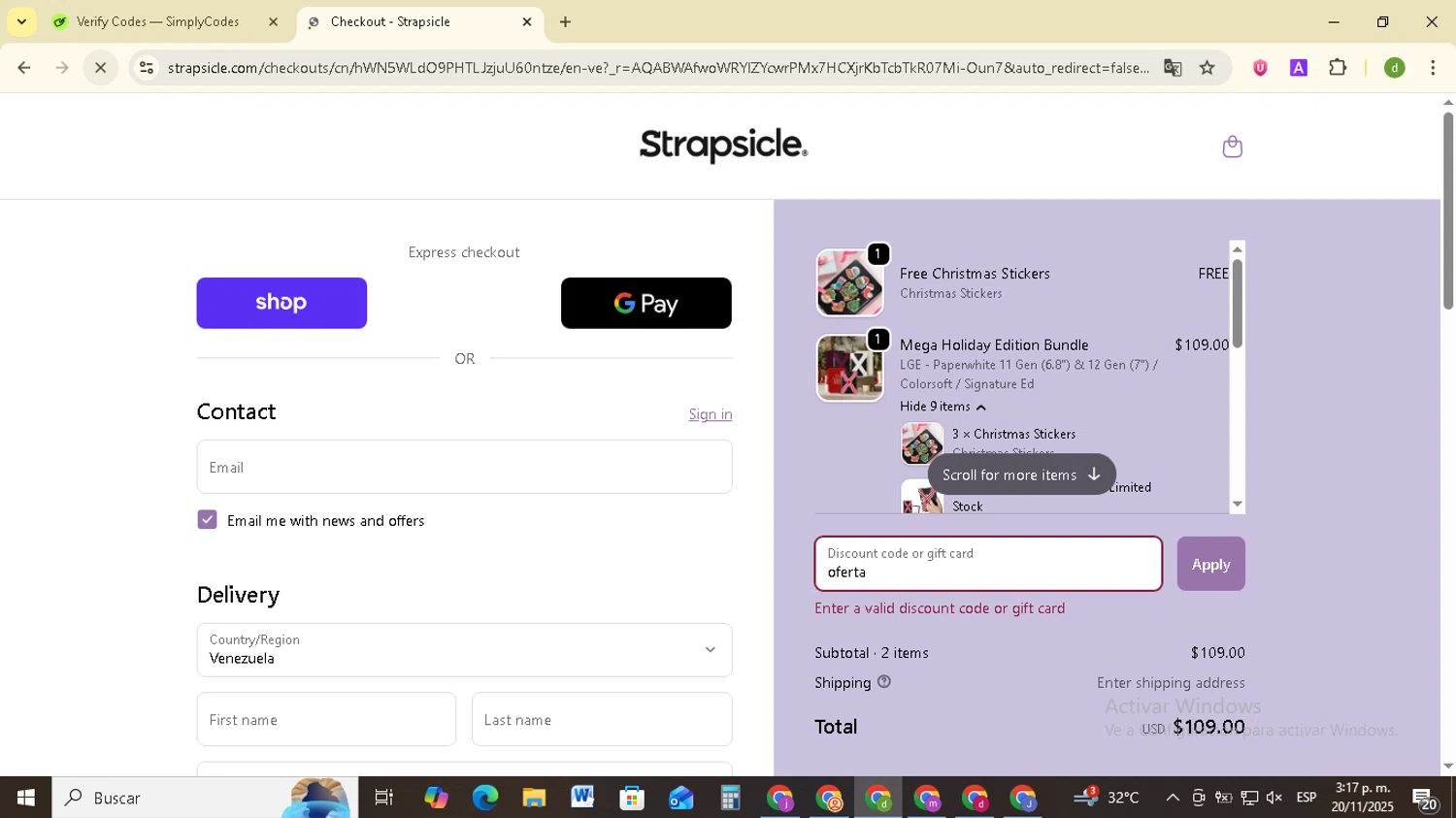 Strapsicle discount code screenshot showing code oferta applied at Strapsicle checkout page. Uploaded by SimplyCodes community member SavingsSentinel833 on Nov 20, 2025