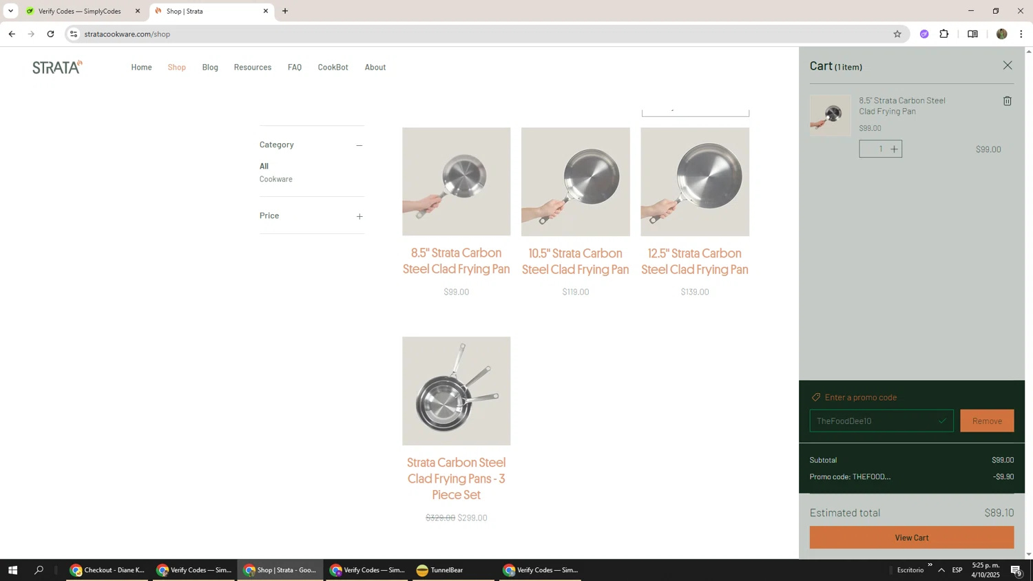 Strata promo code screenshot showing code THEFOODDEE10 applied at Strata checkout page. Uploaded by SimplyCodes community member Phoenix585 on Oct 4, 2025