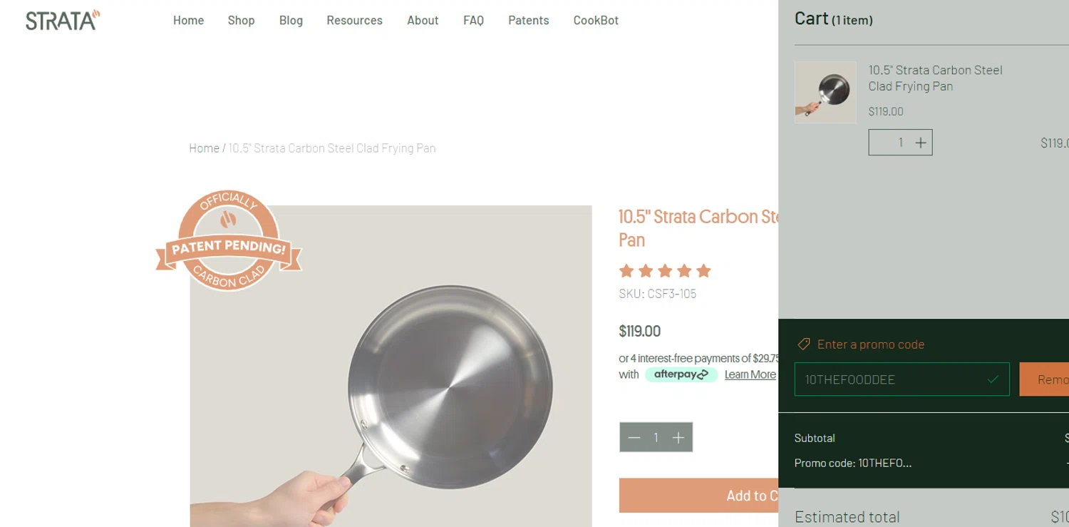 Strata promo code screenshot showing code 10THEFOODDEE applied at Strata checkout page. Uploaded by SimplyCodes community member Olorinnnnn on Dec 22, 2025
