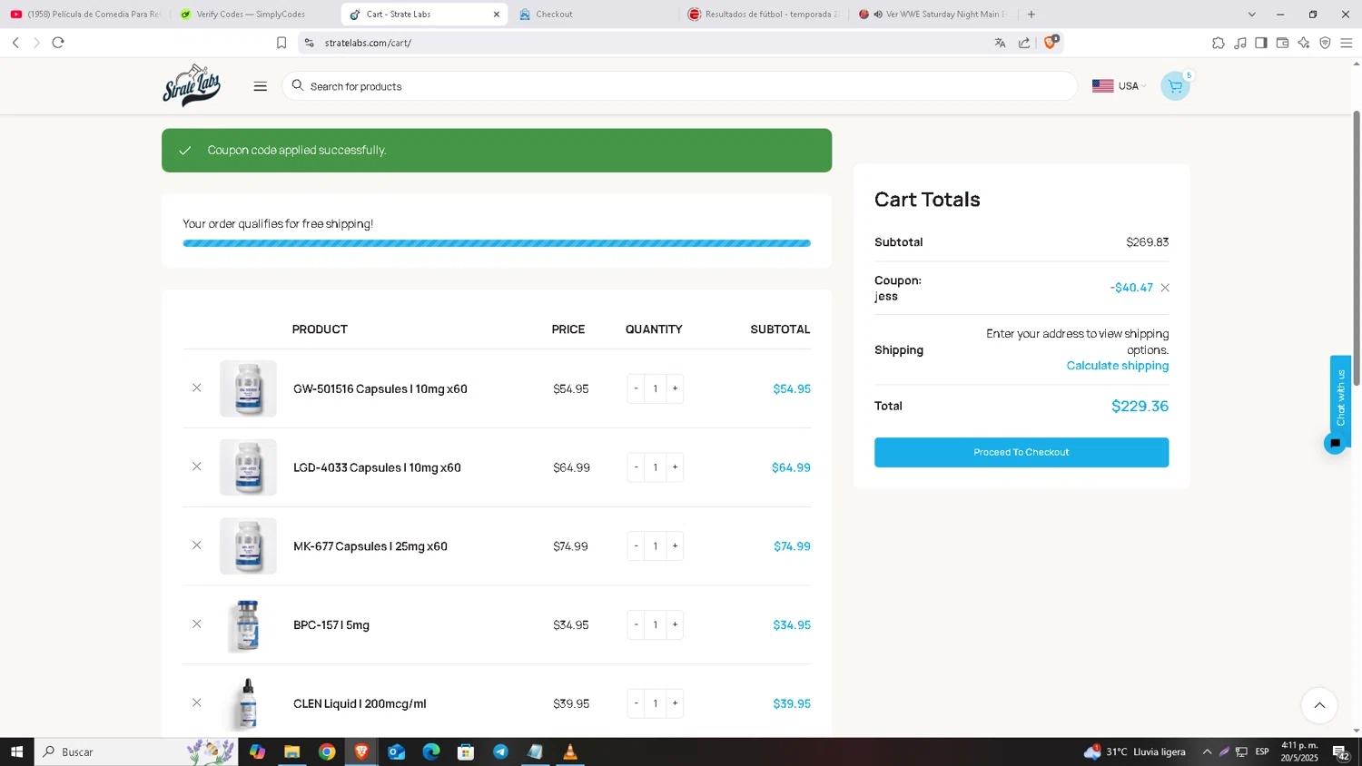 Strate Labs promo code screenshot showing code Jess applied at Strate Labs checkout page. Uploaded by SimplyCodes community member Carloscoder_900457733 on May 20, 2025