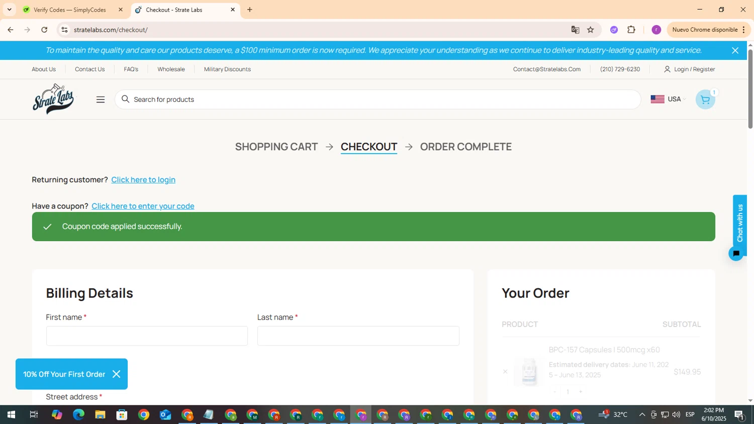 Strate Labs promo code screenshot showing code SAVE15 applied at Strate Labs checkout page. Uploaded by SimplyCodes community member EpicScout8515 on Jun 10, 2025