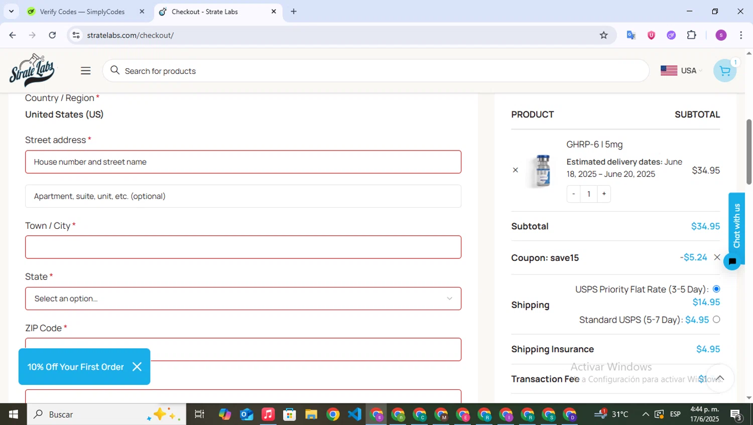 Strate Labs promo code screenshot showing code SAVE15 applied at Strate Labs checkout page. Uploaded by SimplyCodes community member WonderPioneer5062 on Jun 17, 2025