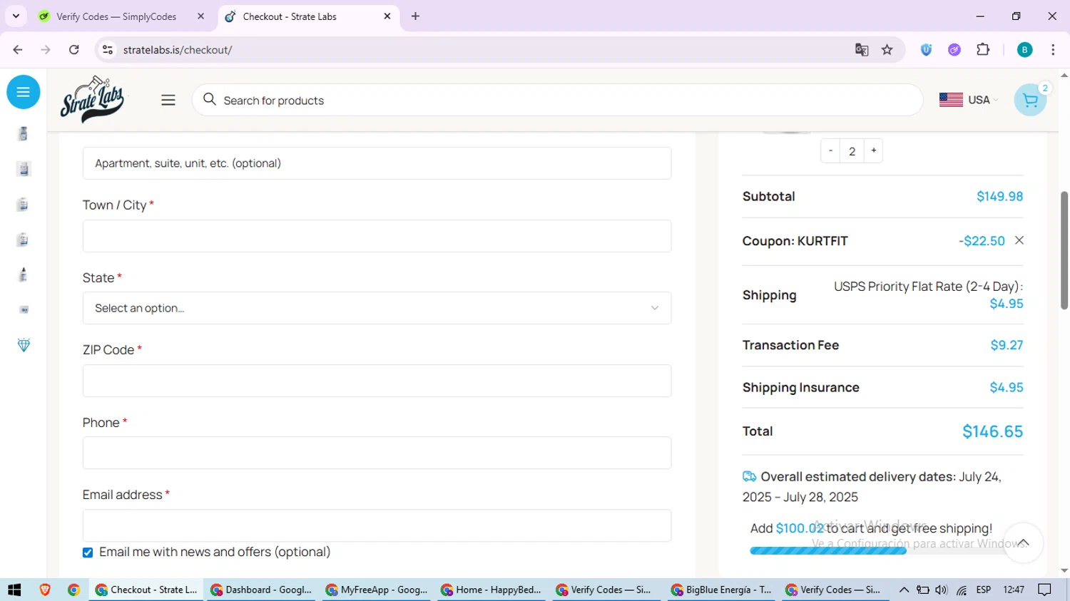 Strate Labs promo code screenshot showing code KURTFIT applied at Strate Labs checkout page. Uploaded by SimplyCodes community member QuestScholar5572 on Jul 23, 2025