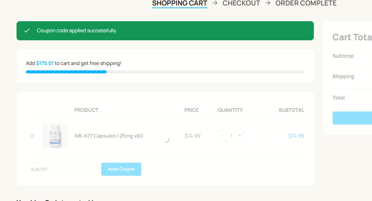 Strate Labs promo code screenshot showing code KURTFIT applied at Strate Labs checkout page. Uploaded by SimplyCodes community member a2d2c2d211 on Oct 18, 2025