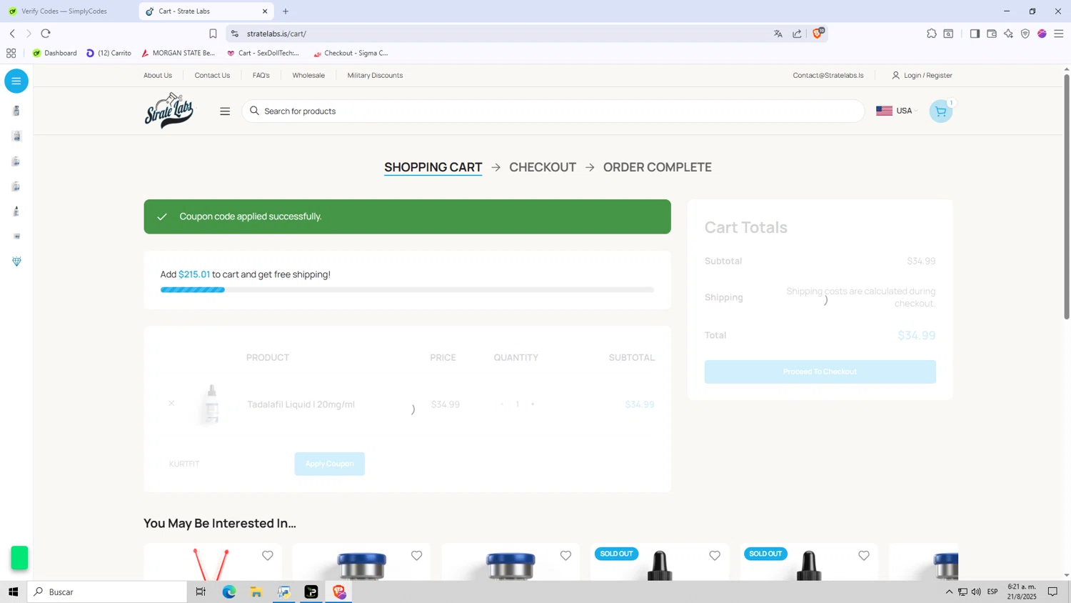 Strate Labs promo code screenshot showing code KURTFIT applied at Strate Labs checkout page. Uploaded by SimplyCodes community member jHjJJJhgPlDmsdUYitrNMASDll on Aug 21, 2025