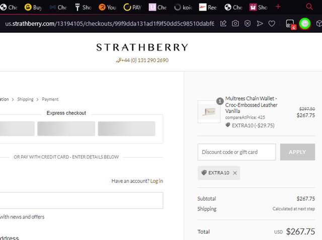 Strathberry checkout page showing Strathberry discount code box | Screenshot taken by SimplyCodes community member on Jan 22, 2024