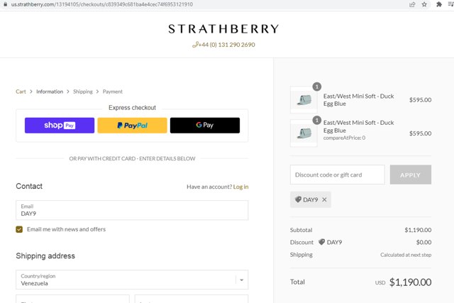 Strathberry checkout page showing Strathberry discount code box | Screenshot taken by SimplyCodes community member on Dec 9, 2023