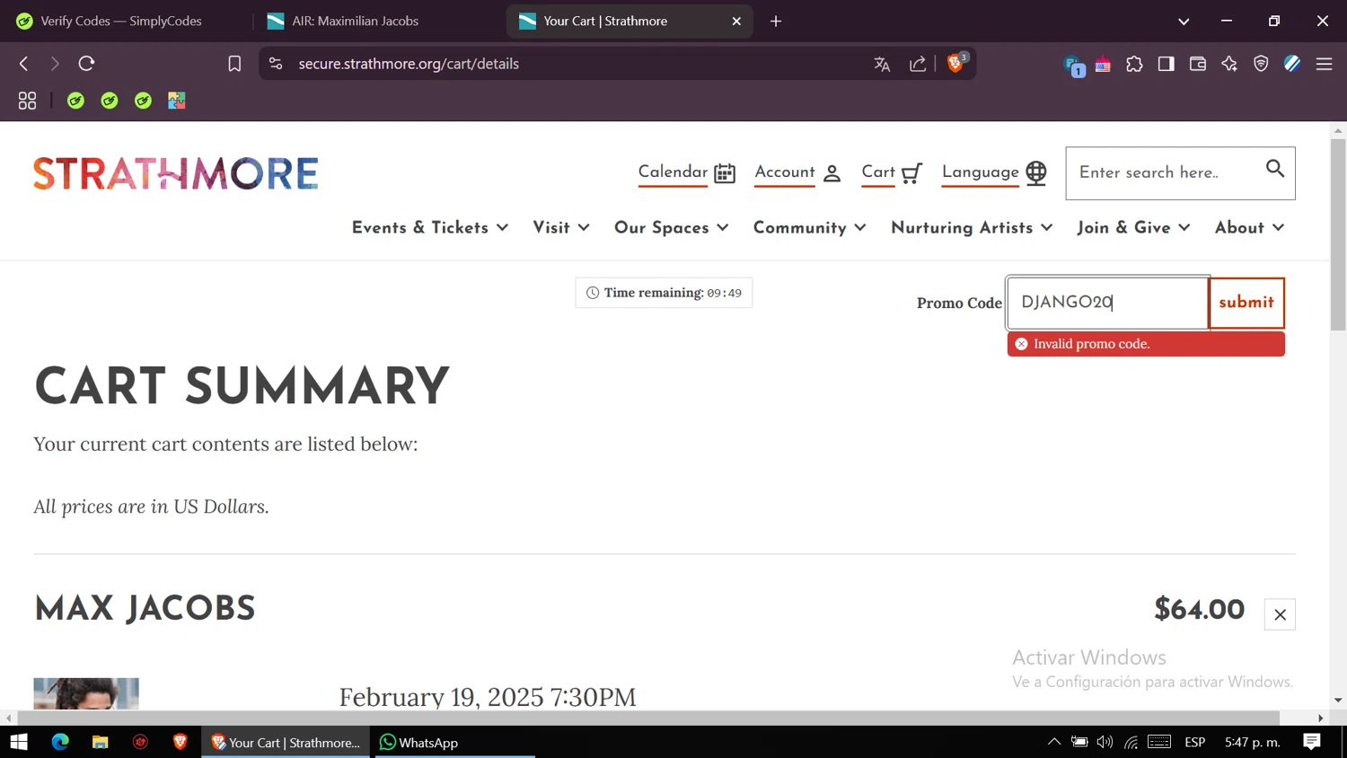 Strathmore MD promo code screenshot showing code DJANGO20 applied at Strathmore MD checkout page. Uploaded by SimplyCodes community member VictoriousSaver2809 on Feb 13, 2025