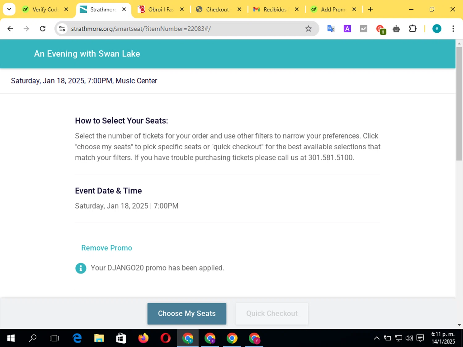 Strathmore MD checkout page showing Strathmore MD promo code box | Screenshot taken by SimplyCodes community member on Jan 14, 2025