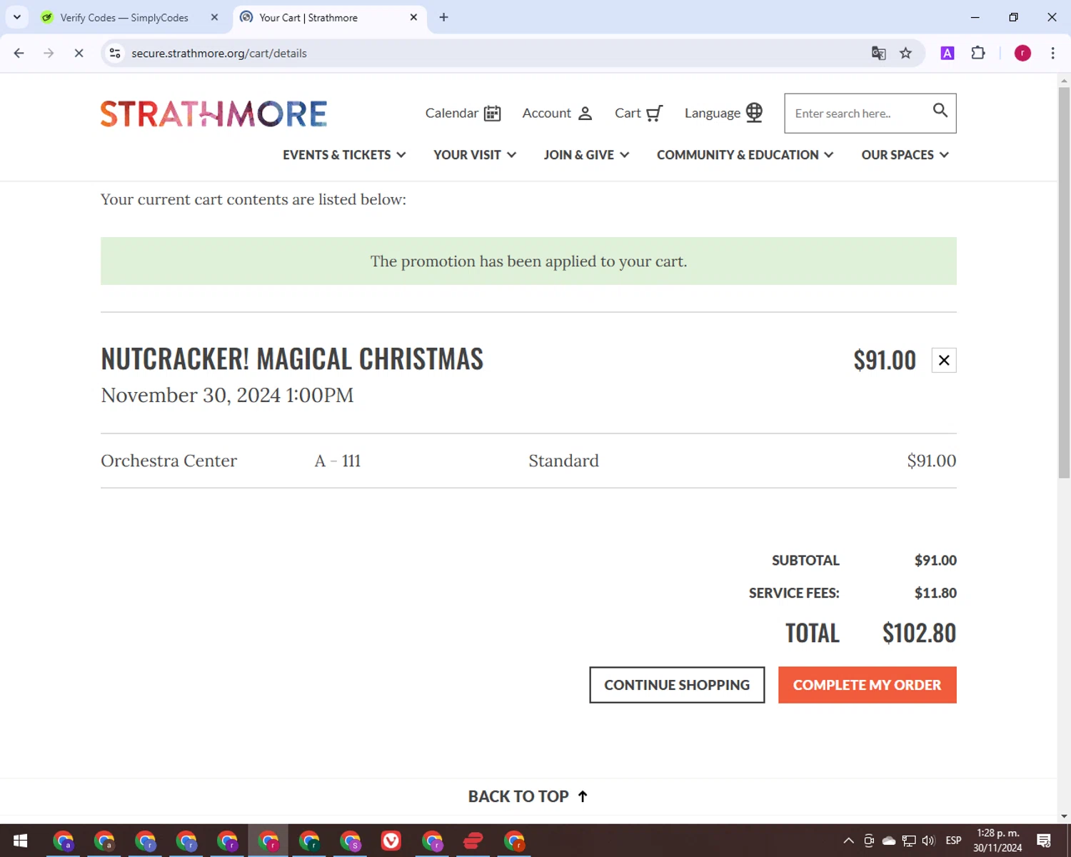 Strathmore MD checkout page showing Strathmore MD promo code box | Screenshot taken by SimplyCodes community member on Nov 30, 2024