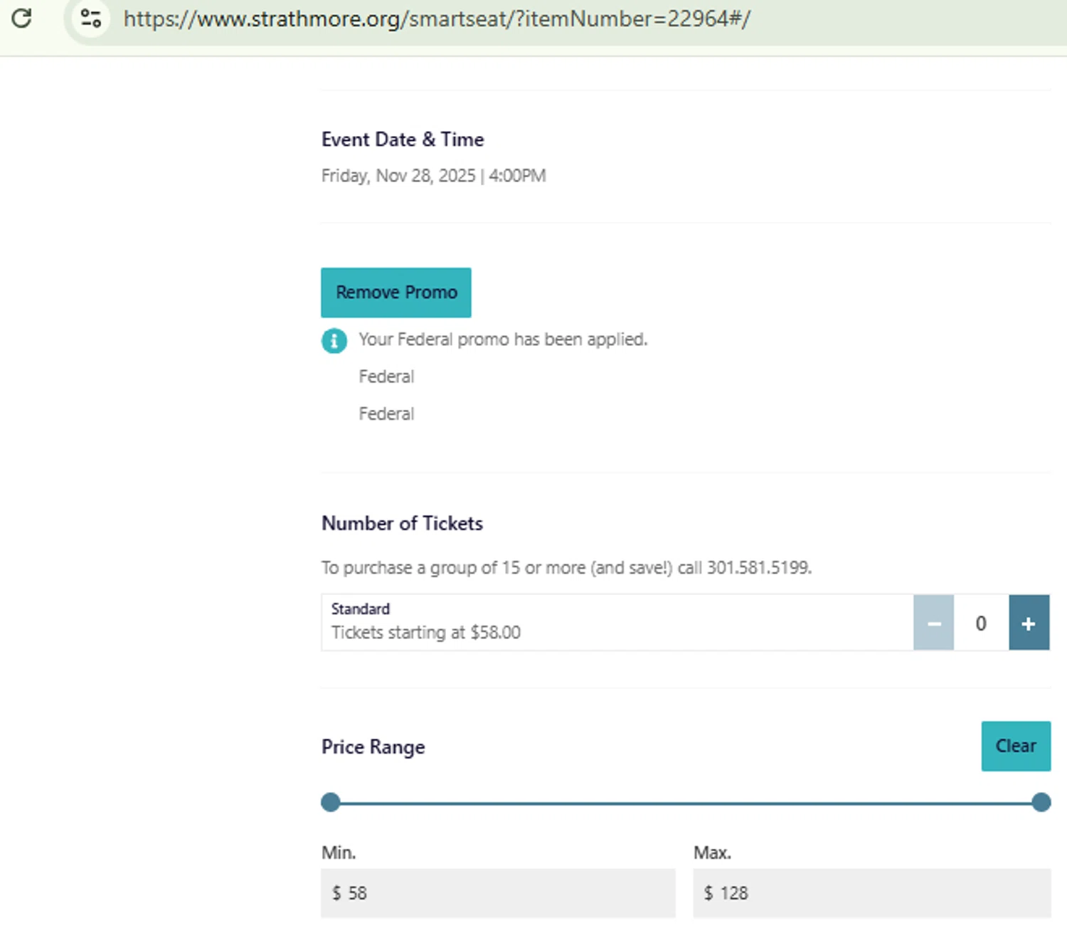 Strathmore MD promo code screenshot showing code FEDERAL applied at Strathmore MD checkout page. Uploaded by SimplyCodes community member RewardFinder4836 on Nov 28, 2025
