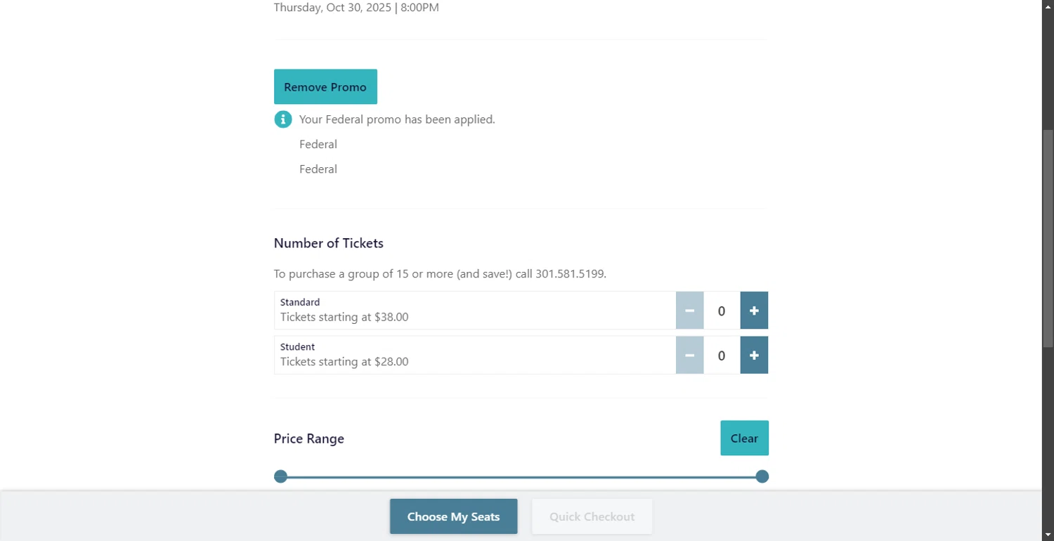 Strathmore MD promo code screenshot showing code FEDERAL applied at Strathmore MD checkout page. Uploaded by SimplyCodes community member SavvyHawk1474 on Oct 30, 2025