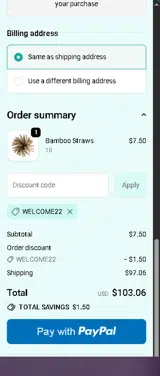 WELCOME22 coupon verification screenshot