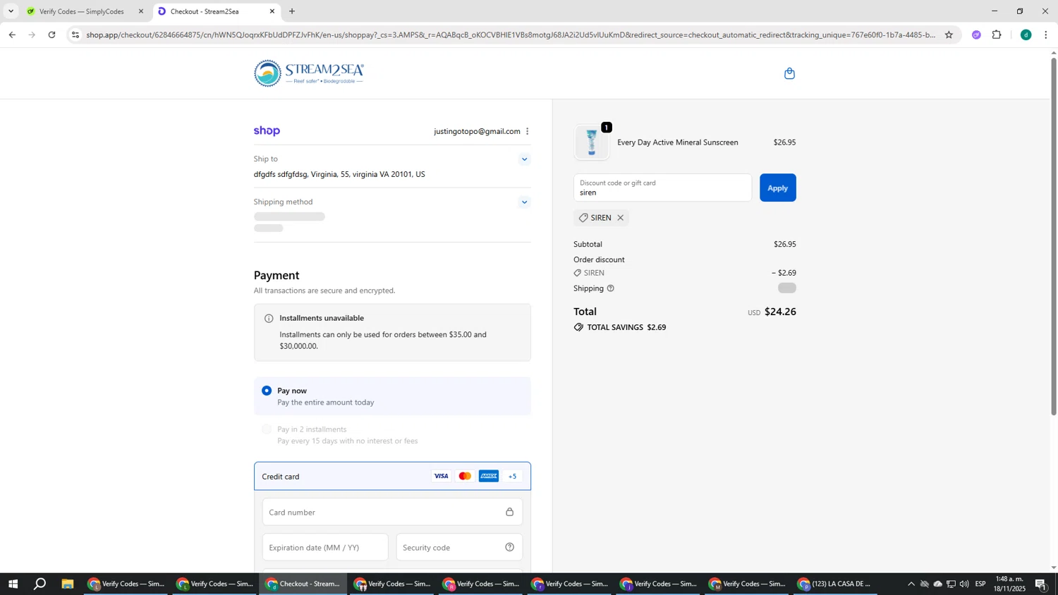 Stream2Sea promo code screenshot showing code siren applied at Stream2Sea checkout page. Uploaded by SimplyCodes community member HEROESCUDA on Nov 18, 2025