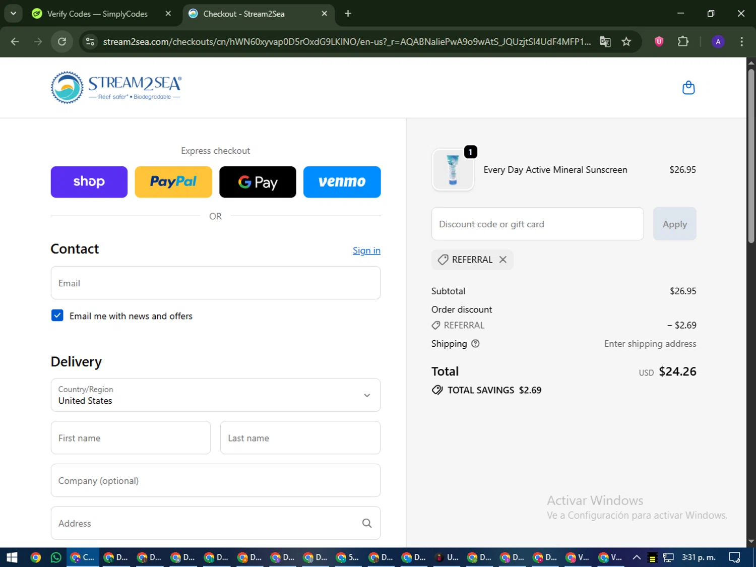 Stream2Sea promo code screenshot showing code REFERRAL applied at Stream2Sea checkout page. Uploaded by SimplyCodes community member MagnificentWarden4603 on Dec 3, 2025