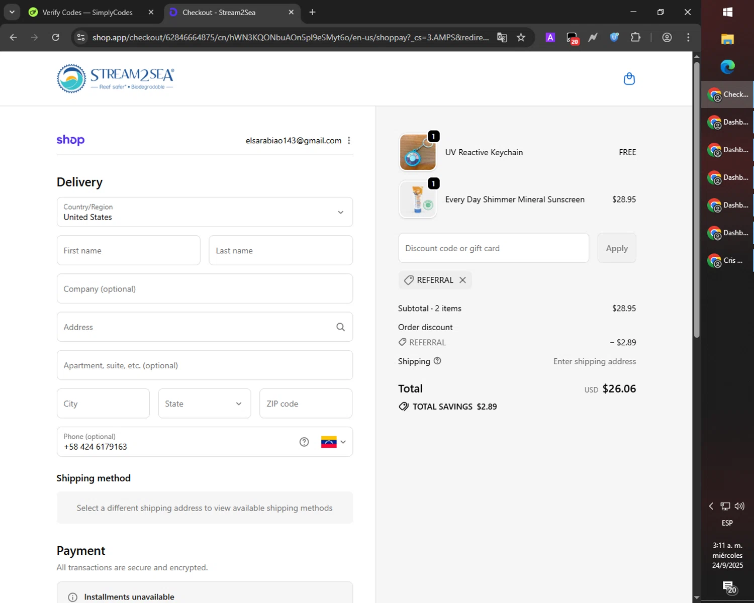 Stream2Sea promo code screenshot showing code REFERRAL applied at Stream2Sea checkout page. Uploaded by SimplyCodes community member RebateCaptain6440 on Sep 24, 2025