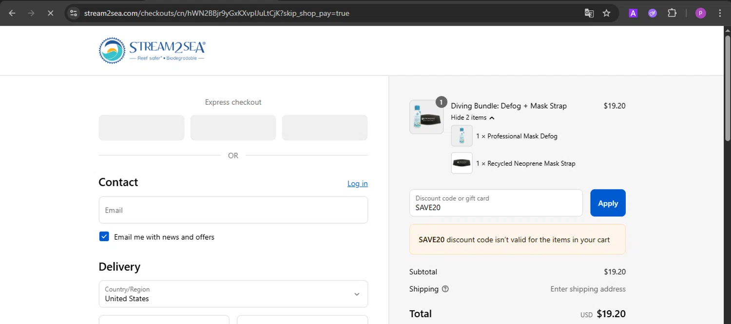 Stream2Sea promo code screenshot showing code SAVE20 applied at Stream2Sea checkout page. Uploaded by SimplyCodes community member firoas on Aug 24, 2025