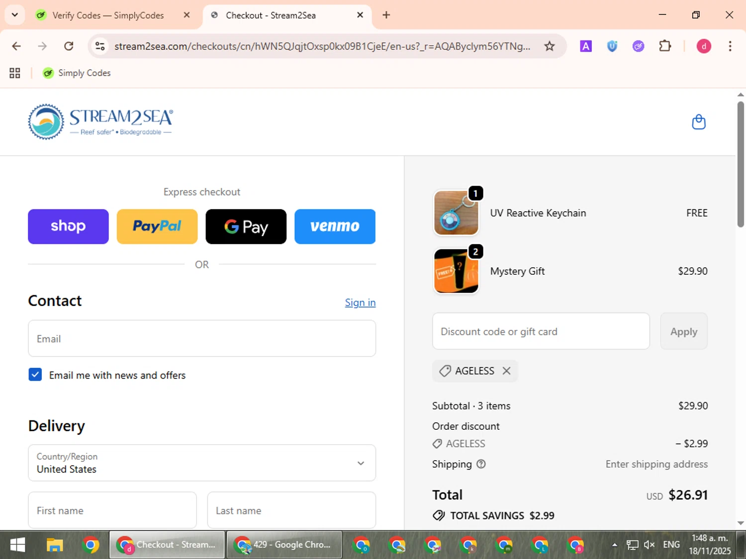 Stream2Sea promo code screenshot showing code AGELESS applied at Stream2Sea checkout page. Uploaded by SimplyCodes community member BudgetVoyager5452 on Nov 18, 2025