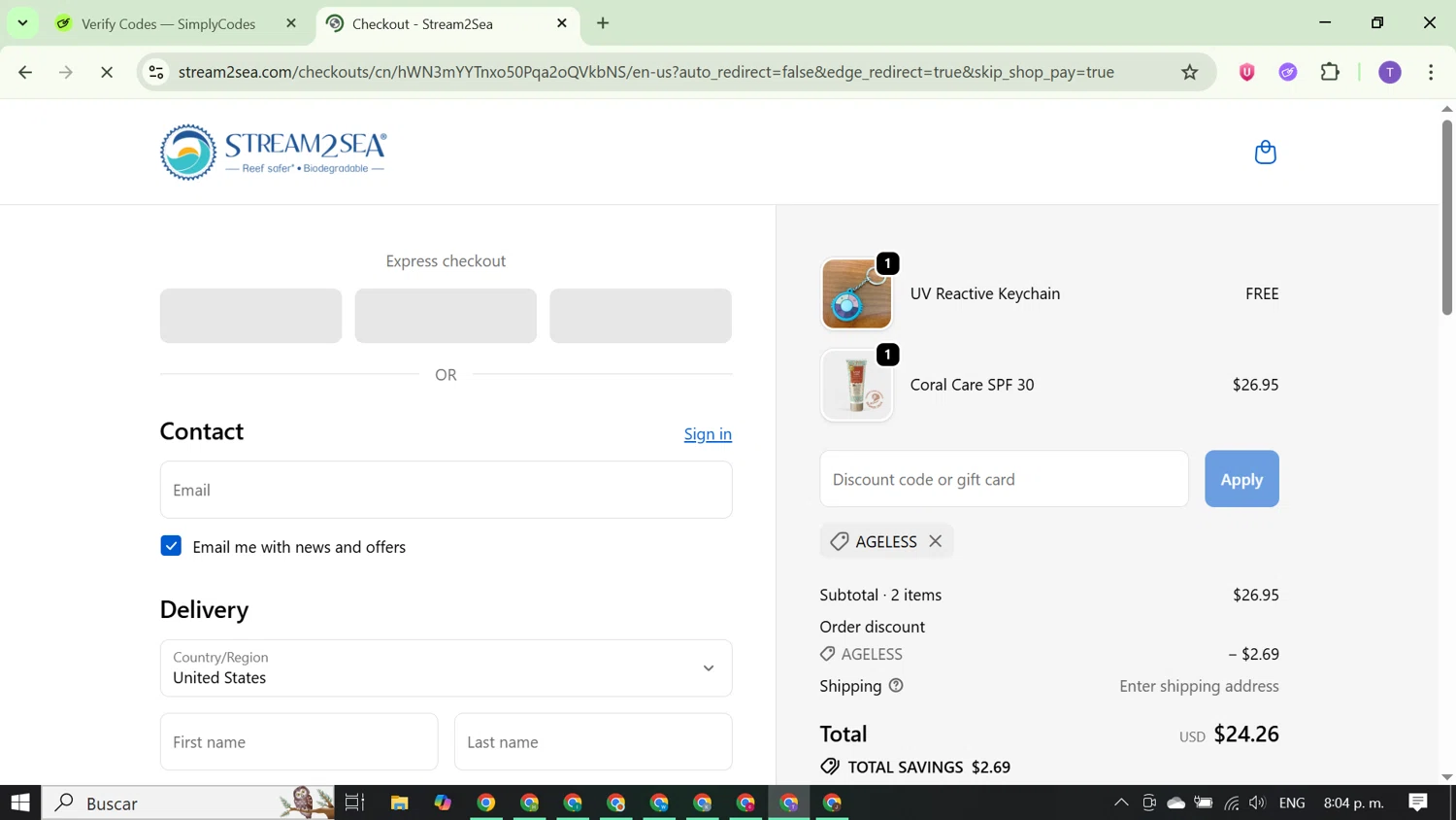 Stream2Sea promo code screenshot showing code AGELESS applied at Stream2Sea checkout page. Uploaded by SimplyCodes community member FortunateCurator5882 on Oct 6, 2025