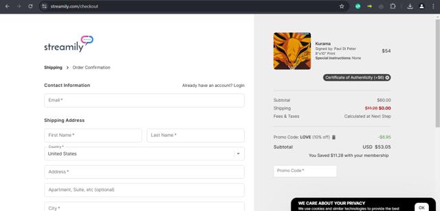 Streamily checkout page showing Streamily promo code box | Screenshot taken by SimplyCodes community member on Feb 15, 2025