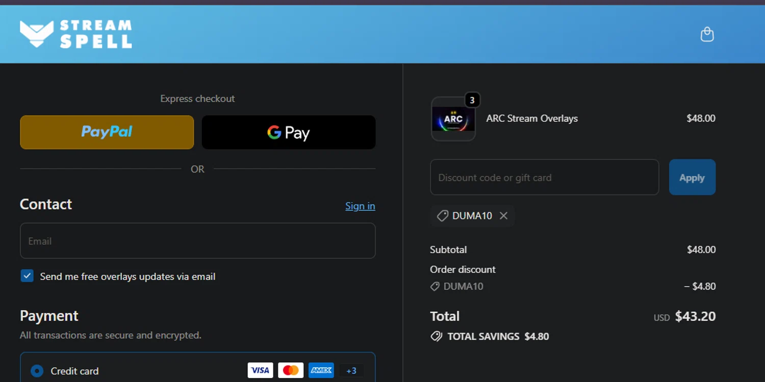 StreamSpell promo code screenshot showing code DUMA10 applied at StreamSpell checkout page. Uploaded by SimplyCodes community member PedroNavaja on Feb 21, 2026
