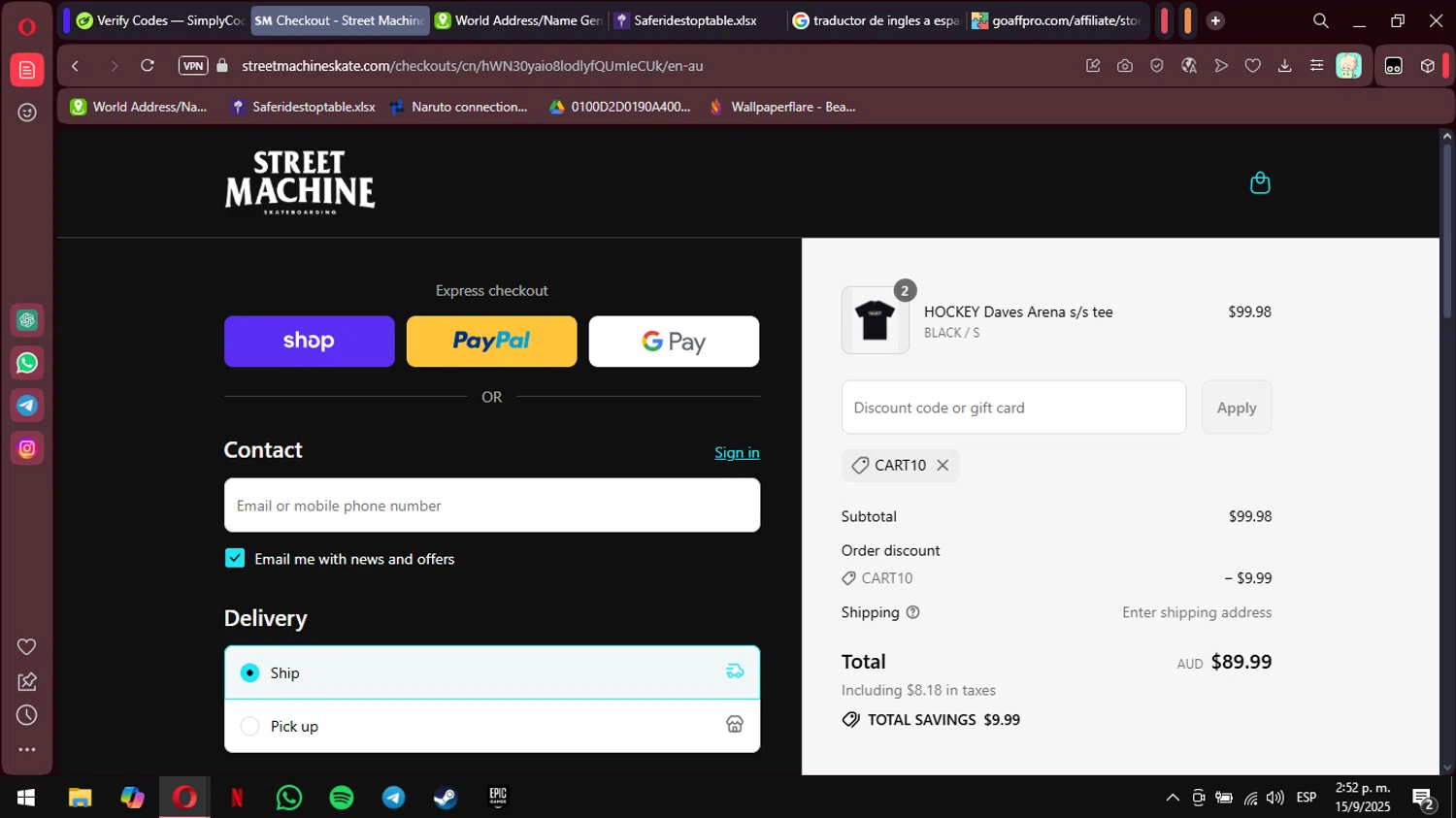 Street Machine Skate promo code screenshot showing code CART10 applied at Street Machine Skate checkout page. Uploaded by SimplyCodes community member MimusukyNara on Sep 15, 2025